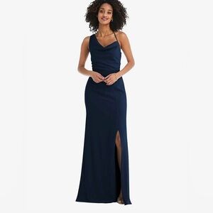 DESSY COLLECTION ONE-SHOULDER DRAPED COWL-NECK MAXI DRESS IN MIDNIGHT NAVY NWT